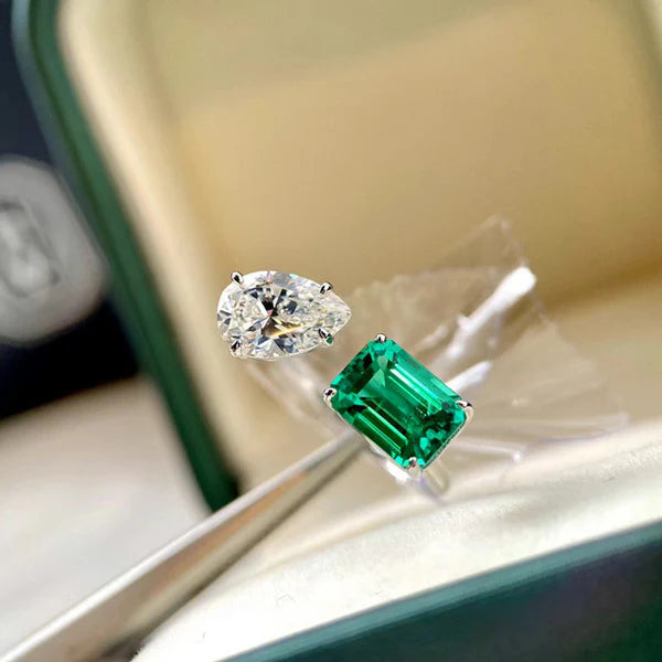 Pear and Emerald Cut Green Gemstone Ring